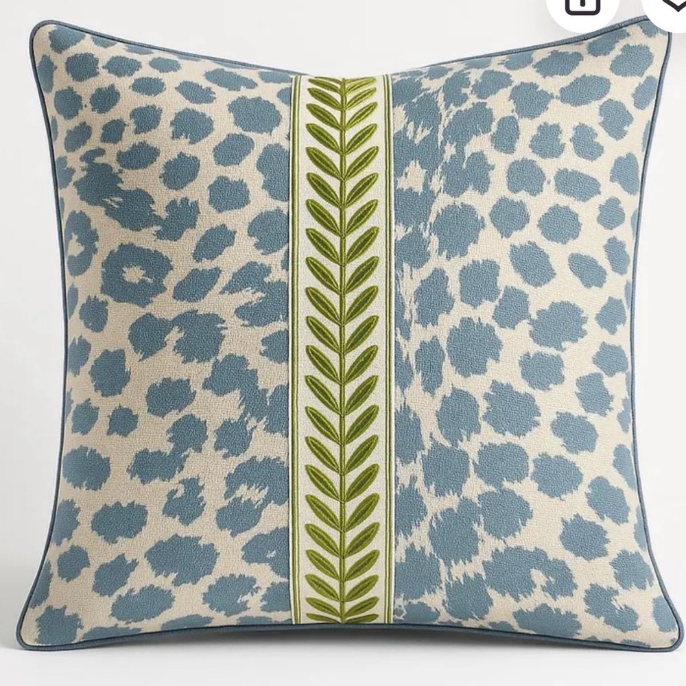 Blue and Cream Leopard Accent Pillow with Green Embroidered Stripe
